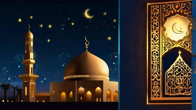 Eid Mubarak of Eid al fitr 3D lantern and mosque with 3d moon with night beautiful Background