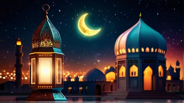 Eid Mubarak of Eid al fitr 3D lantern and mosque with 3d moon with night beautiful Background