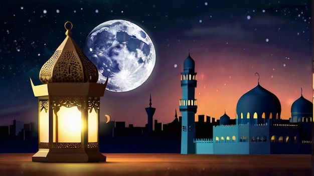 Eid Mubarak of Eid al fitr 3D lantern and mosque with 3d moon with night beautiful Background