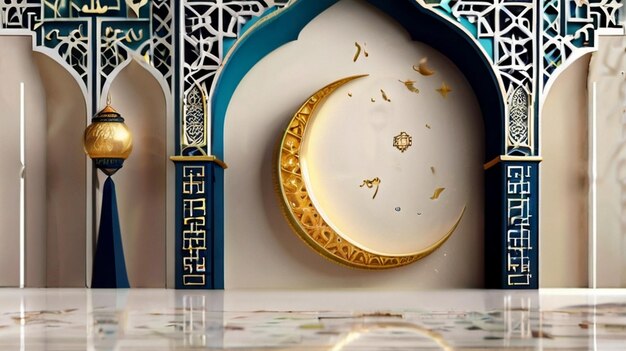 Eid Mubarak of Eid al fitr 3D lantern and mosque with 3d moon with night beautiful Background