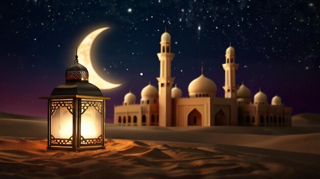 Eid Mubarak of Eid al fitr 3D lantern and mosque with 3d moon with night beautiful Background