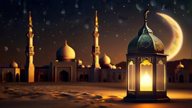 Ид Мубарак Ид аль-Фитр 3D фонарь и мечеть с 3D луной с ночью красивый фон