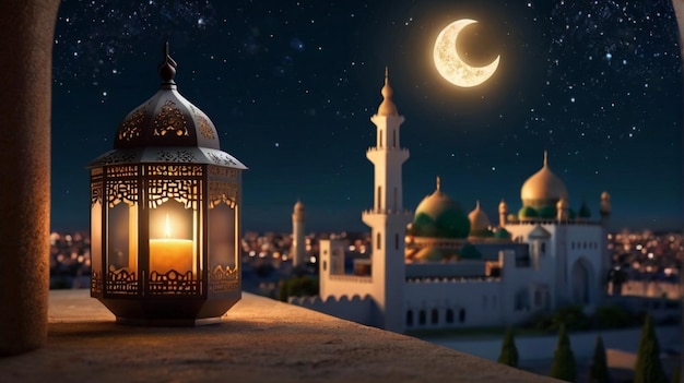 Eid Mubarak of Eid al fitr 3D lantern and mosque with 3d moon with night beautiful Background