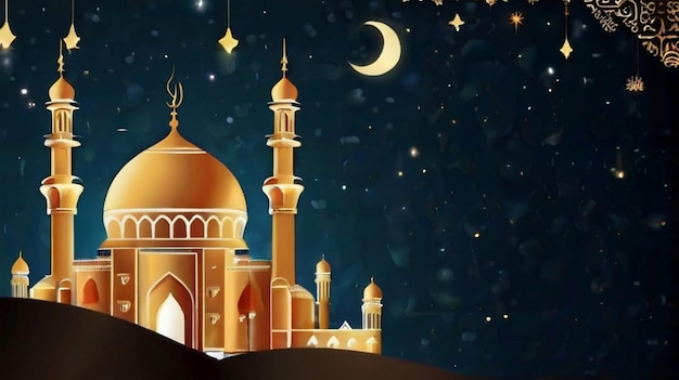 Eid Mubarak of Eid al fitr 3D lantern and mosque with 3d moon with night beautiful Background