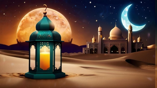 Eid Mubarak of Eid al fitr 3D lantern and mosque with 3d moon with night beautiful Background