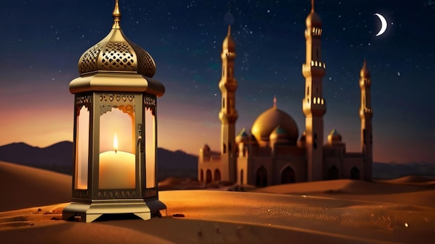 Eid Mubarak of Eid al fitr 3D lantern and mosque with 3d moon with night beautiful Background