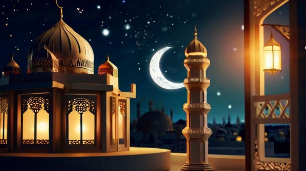 Eid Mubarak of Eid al fitr 3D lantern and mosque with 3d moon with night beautiful Background