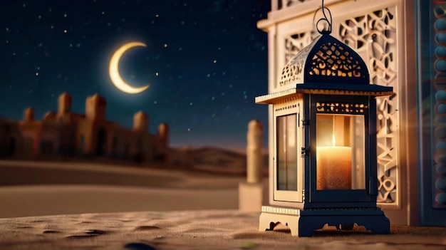 Eid Mubarak of Eid al fitr 3D lantern and mosque with 3d moon with night beautiful Background