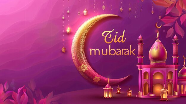 Eid Mubarak Eid al Fitr festival background design with moon and mosque