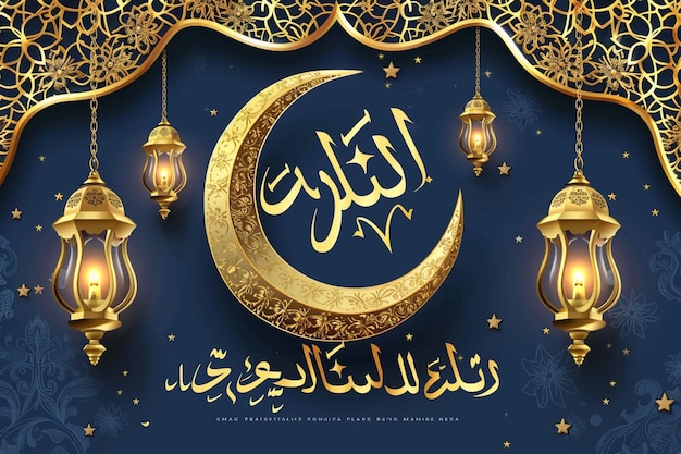 Eid mubarak feest groet met lampen en maan