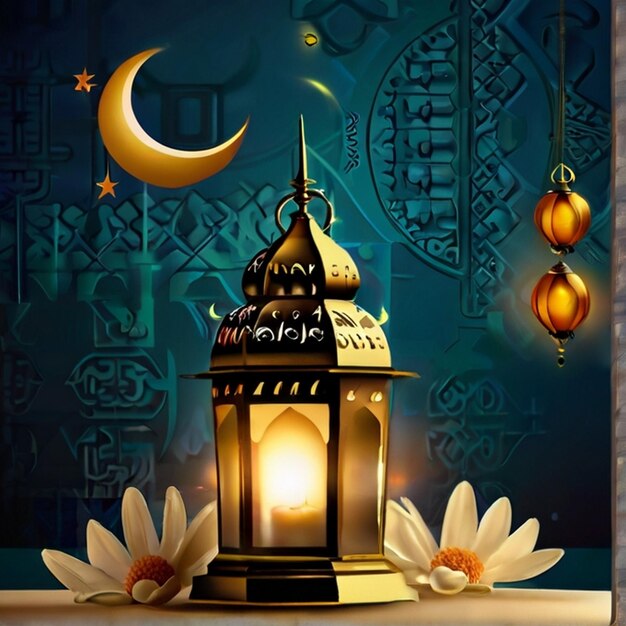 Eid Mubarak festival greeting with lamps and moon Eid Mubarak text greeting background