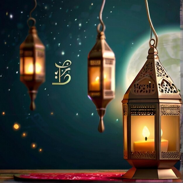 Eid Mubarak festival greeting with lamps and moon Eid Mubarak text greeting background