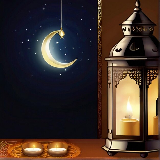 Photo eid mubarak festival greeting with lamps and moon eid mubarak text greeting background