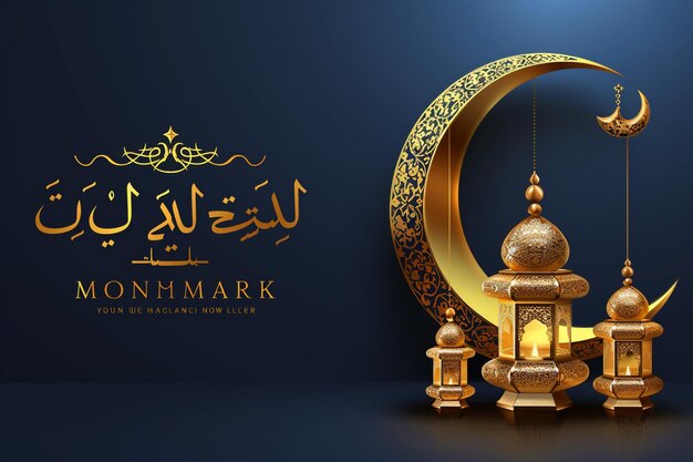 Eid mubarak festival greeting with lamps and moon