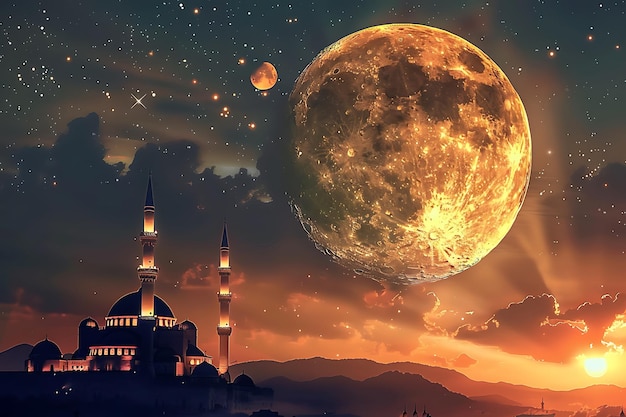 Фестиваль Ид-мубарак приветствует мечеть золотой луны и фонари
