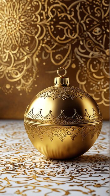 Eid Mubarak a gold christmas ball on a table