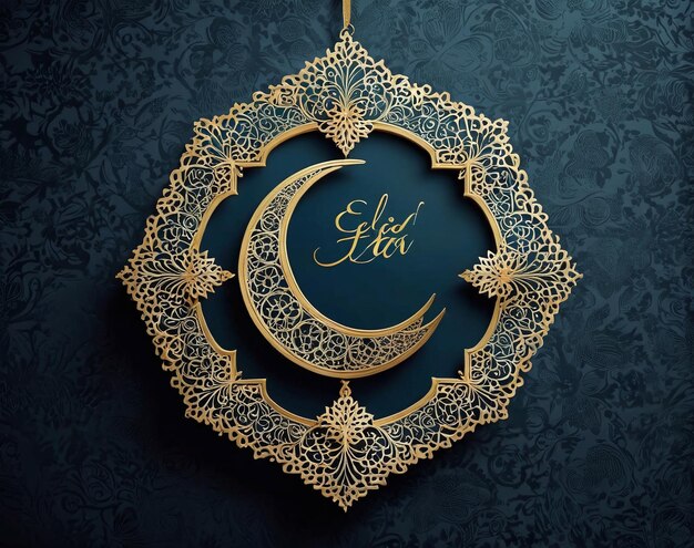 Eid Mubarak a gold frame with a crescent and a crescent on a black background