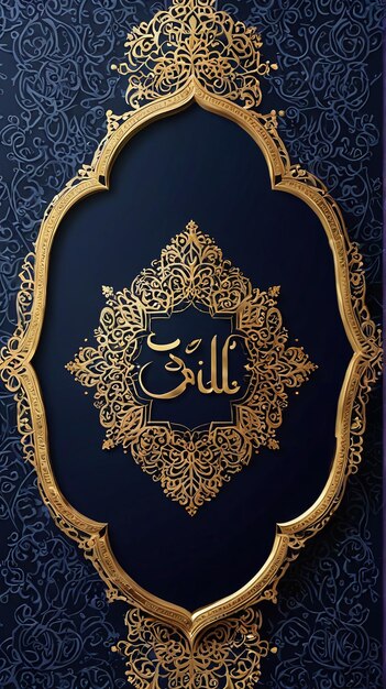 Photo eid mubarak a gold frame with a floral pattern on a dark blue background