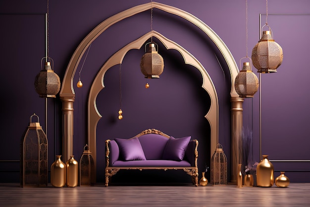 Eid mubarak gouden kalligrafie met paarse boog en hangende lantaarns decoraties