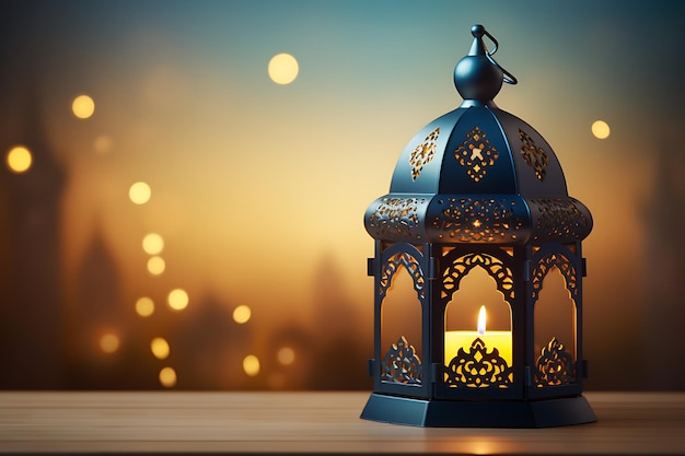 Eid mubarak greeting card design with islamic lantern and moon