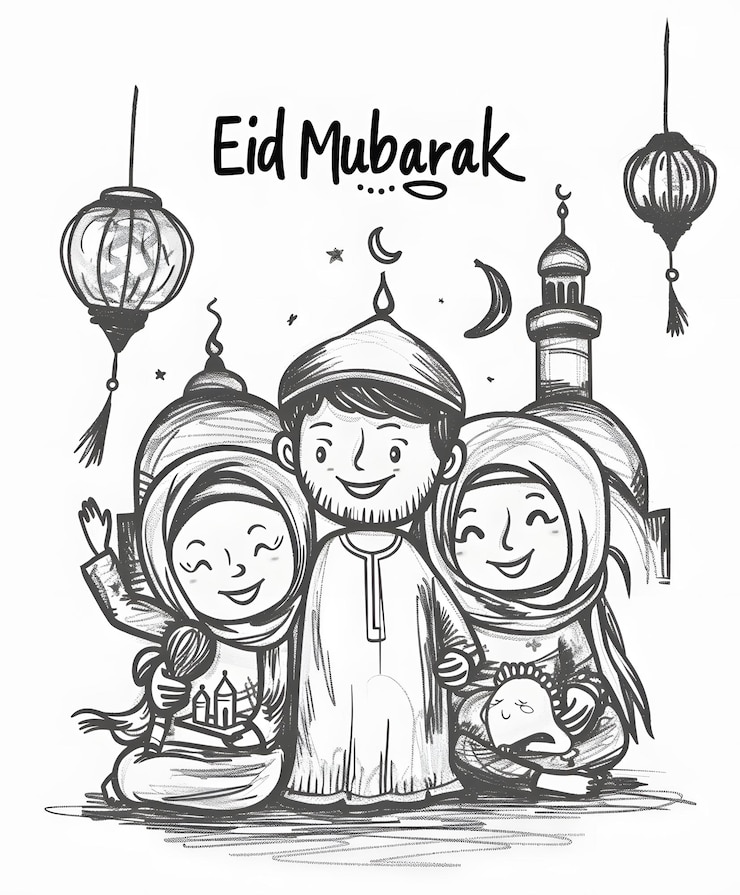 Photo eid mubarak greeting card with cute muslim kids vector illustration