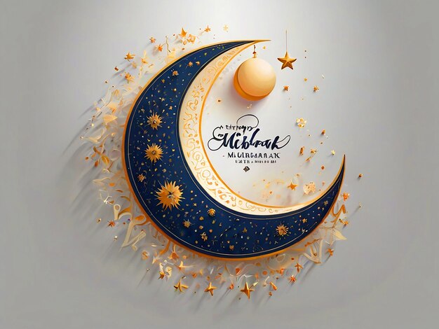 Eid Mubarak greeting card with a moon and stars on a white background