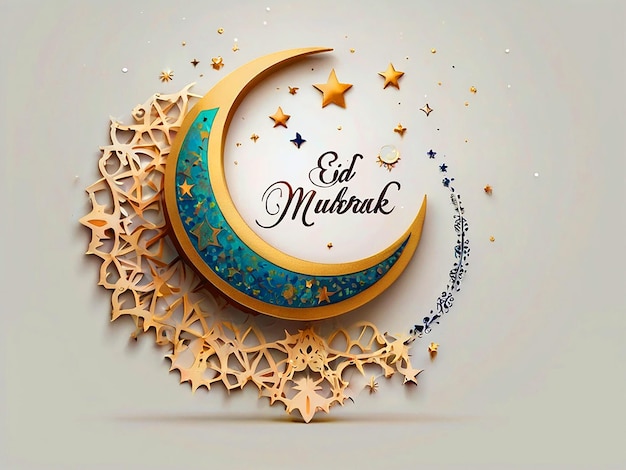 Eid Mubarak greeting card with a moon and stars on a white background