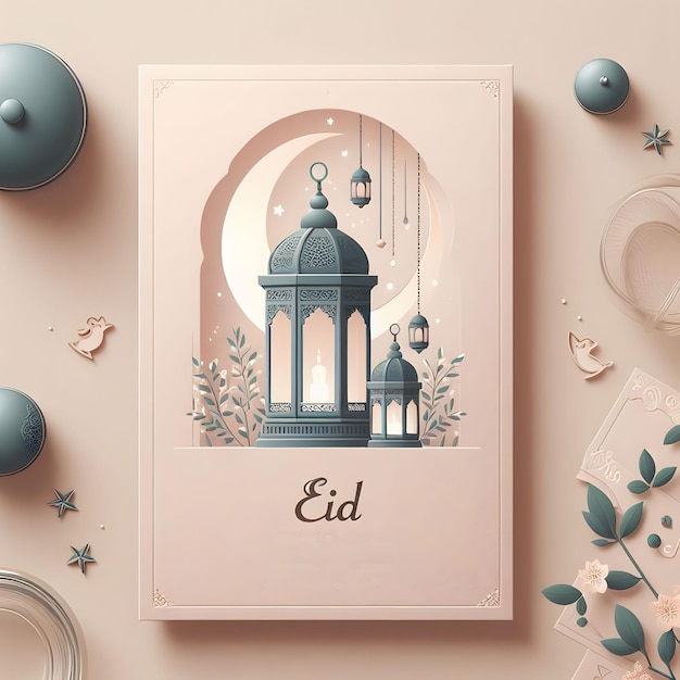 Eid Mubarak greeting card with mosque and crescent moon