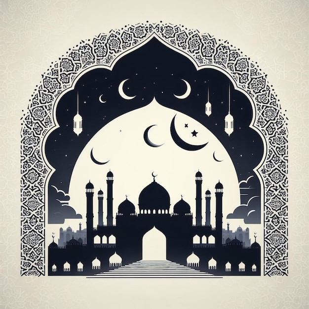 Photo eid mubarak greeting card with mosque silhouette with candle light stars and crescent ramadan or ramazan kareem background with copy space for eid ul fitr or ul adha islam muslim religion concept