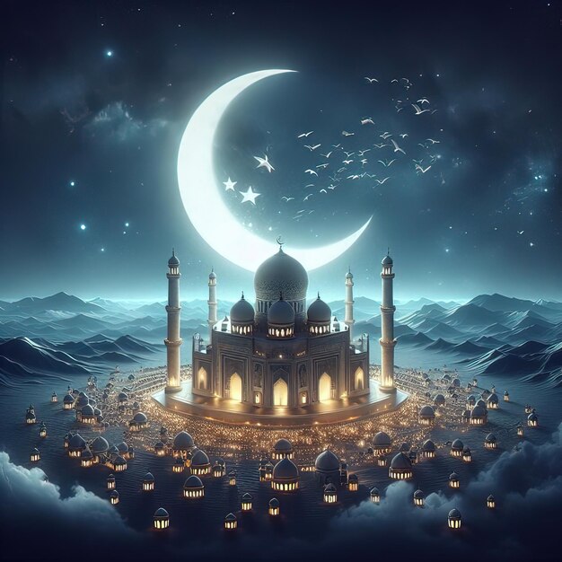 EId mubarak greeting post A moon decor on serene evening blue background