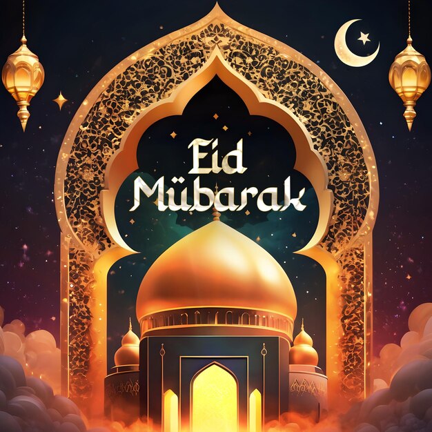 Eid Mubarak Greetings Card Social Media Post with Mosque Islamic lanterns moon and stars