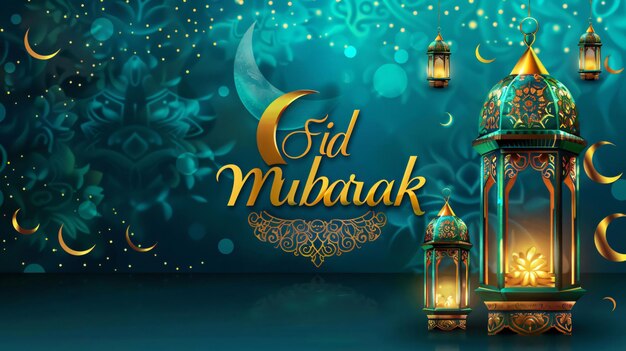 Поздравления на Ид-Мубарак с исламским фонарем, луной и мандалой на заднем плане