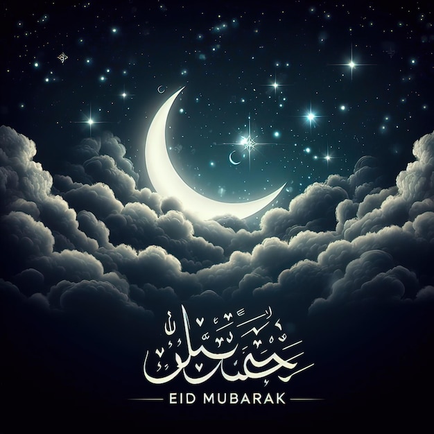 Eid mubarak groet post Een maan decor op serene avond blauwe achtergrond