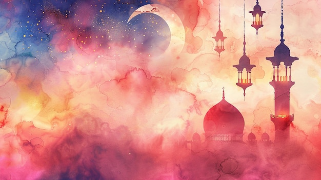 eid mubarak islamic background with brush and watercolor