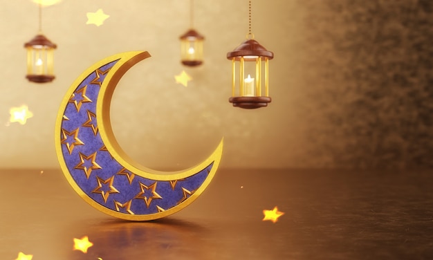 Foto design islamico eid mubarak con luna a mezzaluna cava con sfondo bokeh dorato