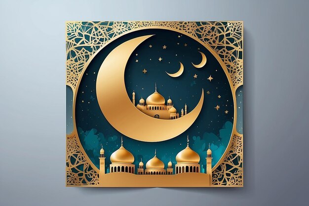 Eid mubarak islamic greeting card with golden moon and mosque