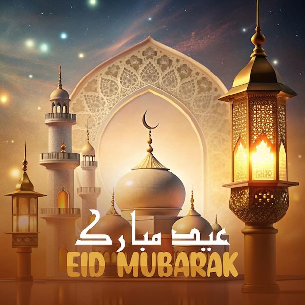 Ид Мубарак исламские приветствия фон eid ul fitr плакат шаблон с фонарем и мечетью