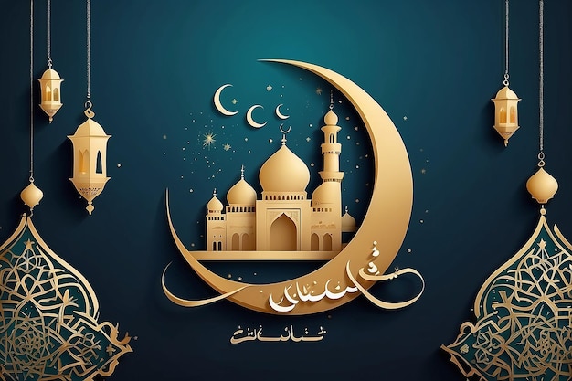 Eid Mubarak Islamic vector design greeting card template with arabic galligraphy wishes