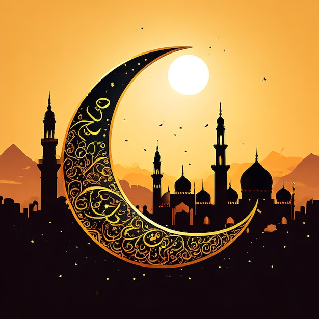 Eid Mubarak kalligrafie met holle gravure maan op gouden bokeh achtergrond Illustratie