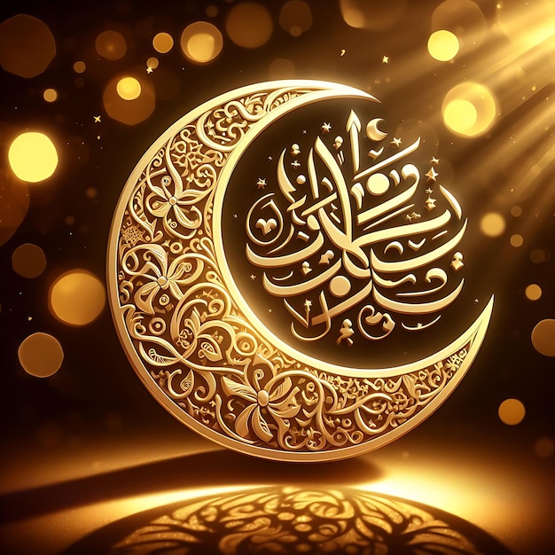 Eid Mubarak kalligrafie met holle gravure maan op gouden bokeh achtergrond
