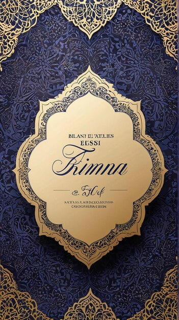 Photo eid mubarak luxury royal blue invitation card with gold pattern