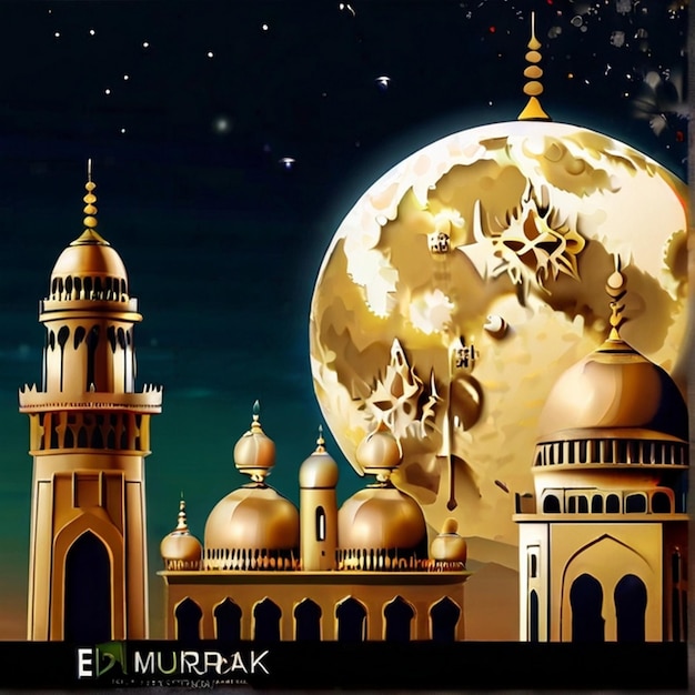 Eid Mubarak Mooie natuurlijke maan en moskee combinatie mooie achtergrond