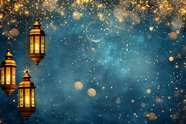 Photo eid mubarak moon and lamp decoration background