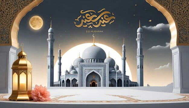 Eid mubarak moon and masjid arabic lantern social media post template