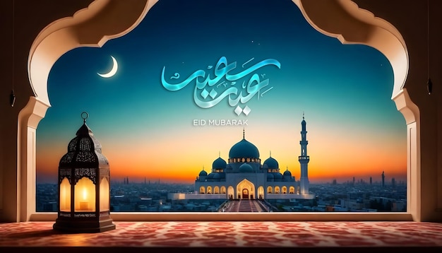 Eid mubarak moon and masjid arabic lantern social media post template an