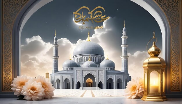 Eid mubarak moon and masjid arabic lantern social media post template an