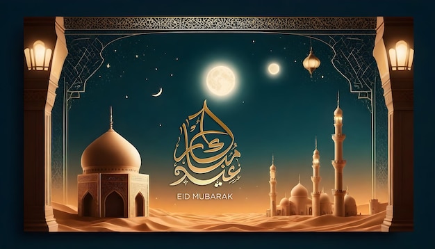 Eid mubarak moon and masjid arabic lantern social media post template