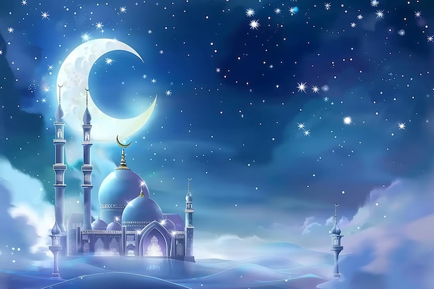 Eid mubarak moon and mosque festival background