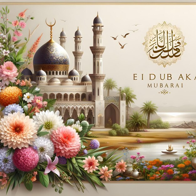 Photo eid mubarak a mosque is decorated with the heaven garden flowers and the words eid mubarak