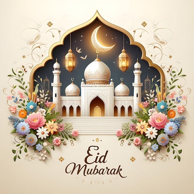 Eid Mubarak a mosque is decorated with the heaven garden flowers and the words eid mubarak